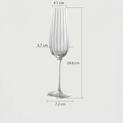 Clear glass flute with dimensions labeled on a light gray background