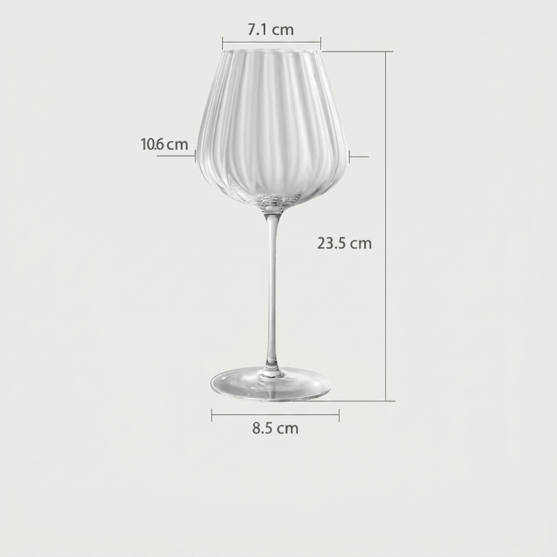 Clear wine glass with dimensions labeled on a white background