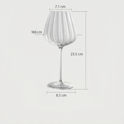 Clear wine glass with dimensions labeled on a white background