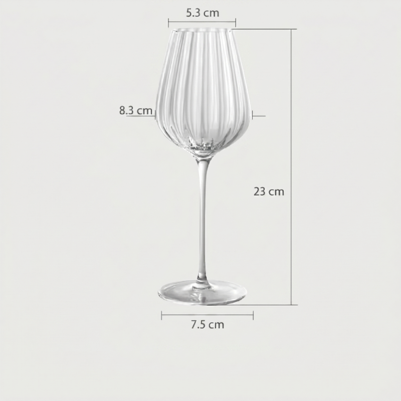 Clear wine glass with dimensions labeled on a white background