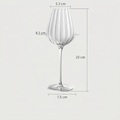 Clear wine glass with dimensions labeled on a white background