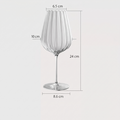 Clear wine glass with dimensions labeled on a white background