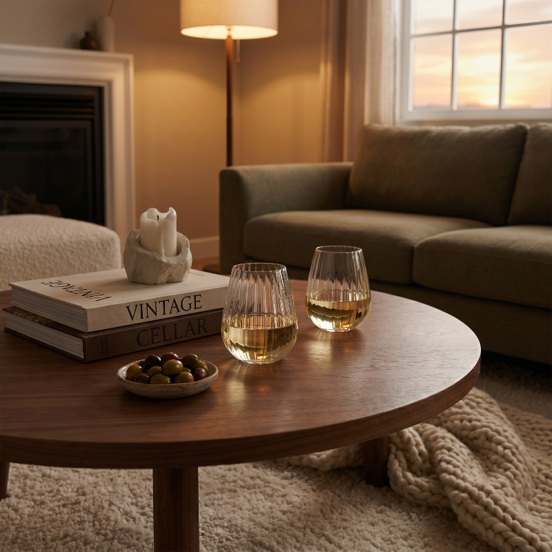 Cozy living room with a wooden coffee table featuring wine glasses, a book, and a candle.