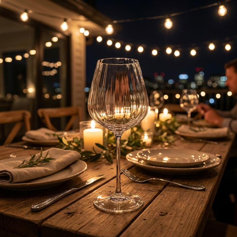 Dining table set for a romantic dinner with wine glasses, candles, and cutlery on a wooden table at night.