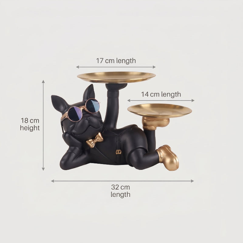 French bulldog catchall tray dimensions graphic on white background