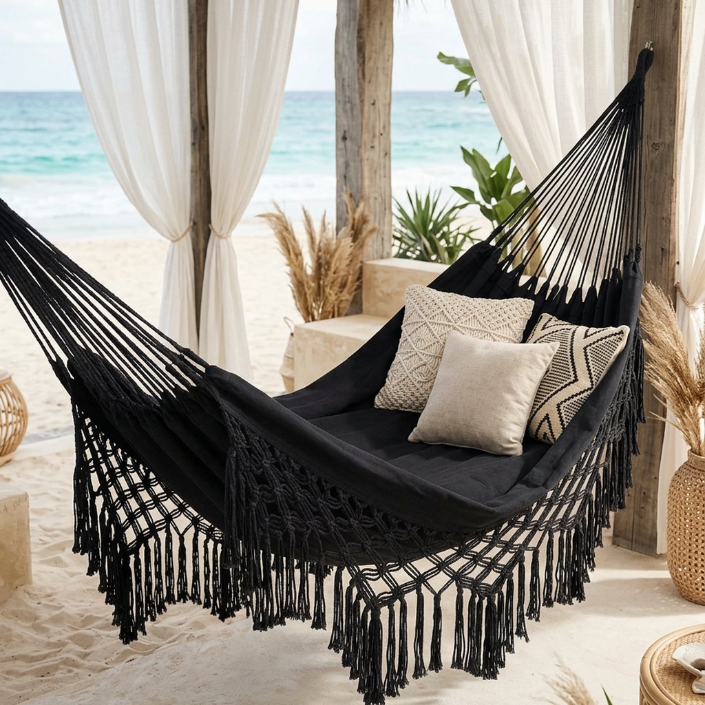 Black fringe macrame hammock with three cushions hung from a wood post in a beach cabana with white sheer curtains, white sand and a turquoise ocean horizon
