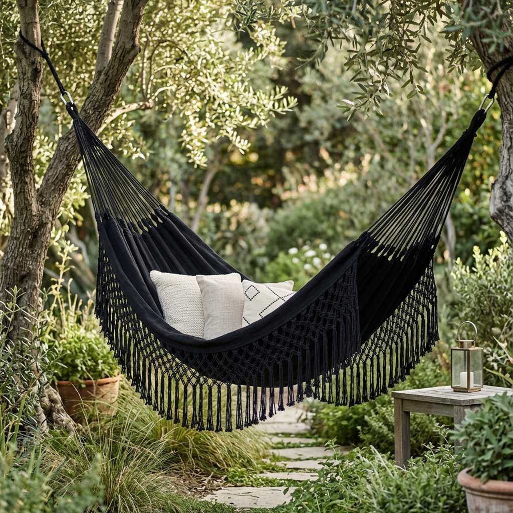 Black fringe macrame hammock with three cushions hung between two olive tree trunks in a garden, beside a wood side table holding a candle lantern