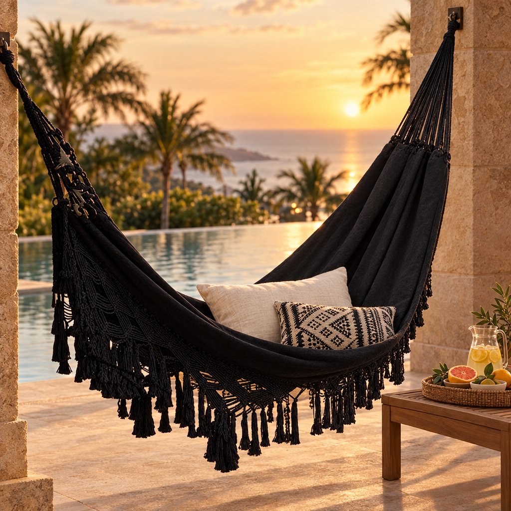Black fringe macrame hammock with a cream pillow and a black and white geometric pillow hung between limestone pillars on a terrace at sunset overlooking an infinity pool and the sea