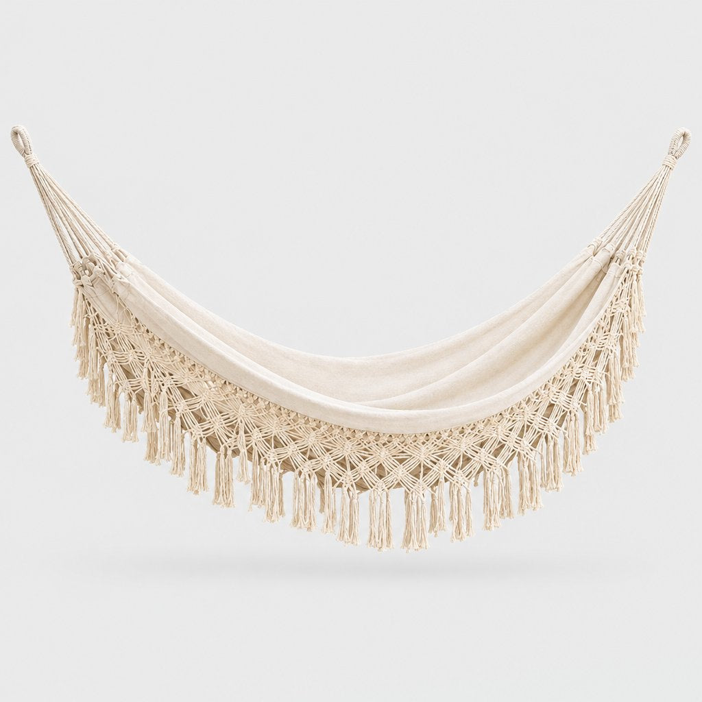 Cream fringe macrame hammock with a diamond netting border and knotted fringe, with a looped hanging cord at each end, on a plain light gray background