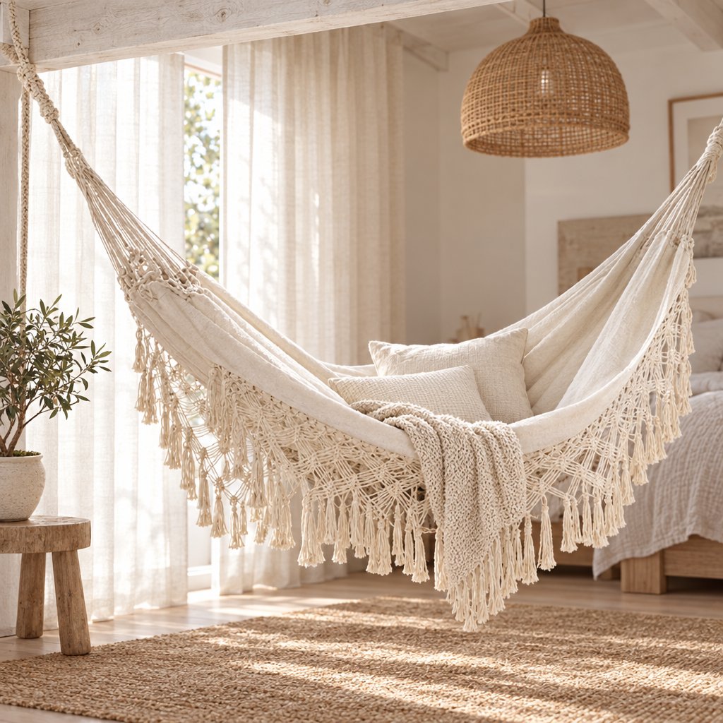 Cream fringe macrame hammock hung from a whitewashed ceiling beam in a bedroom corner, holding two cream pillows and a chunky-knit throw, beside a rattan pendant lamp and a potted olive tree