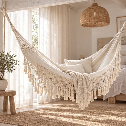 Cream fringe macrame hammock hung from a whitewashed ceiling beam in a bedroom corner, holding two cream pillows and a chunky-knit throw, beside a rattan pendant lamp and a potted olive tree