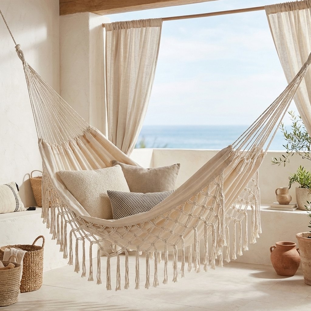 Cream fringe macrame hammock with three cushions in a white plaster covered patio with sheer linen curtains and a view of the sea, beside woven baskets and terracotta pots