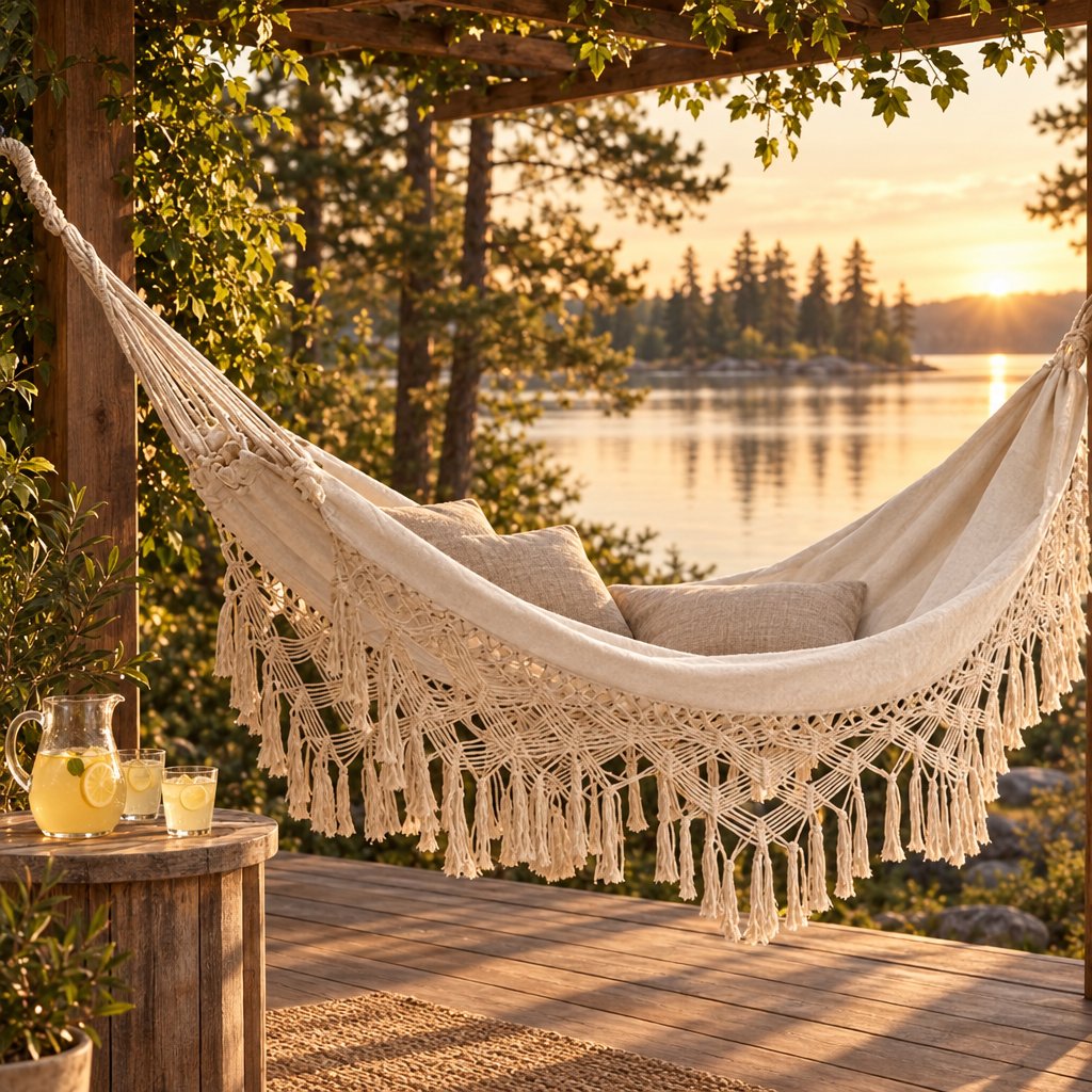 Cream fringe macrame hammock with greige pillows hung between pergola posts on a lakeside wooden deck at sunset, with a side table holding a pitcher of lemonade and two glasses