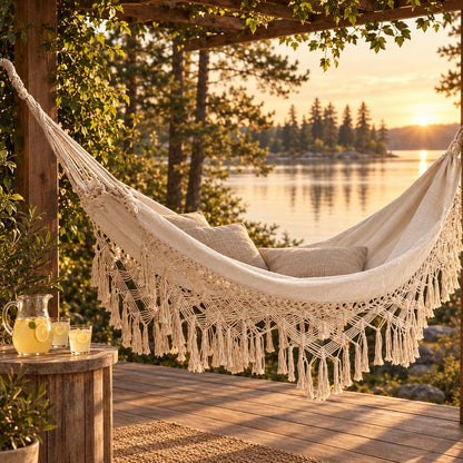 Cream fringe macrame hammock with greige pillows hung between pergola posts on a lakeside wooden deck at sunset, with a side table holding a pitcher of lemonade and two glasses