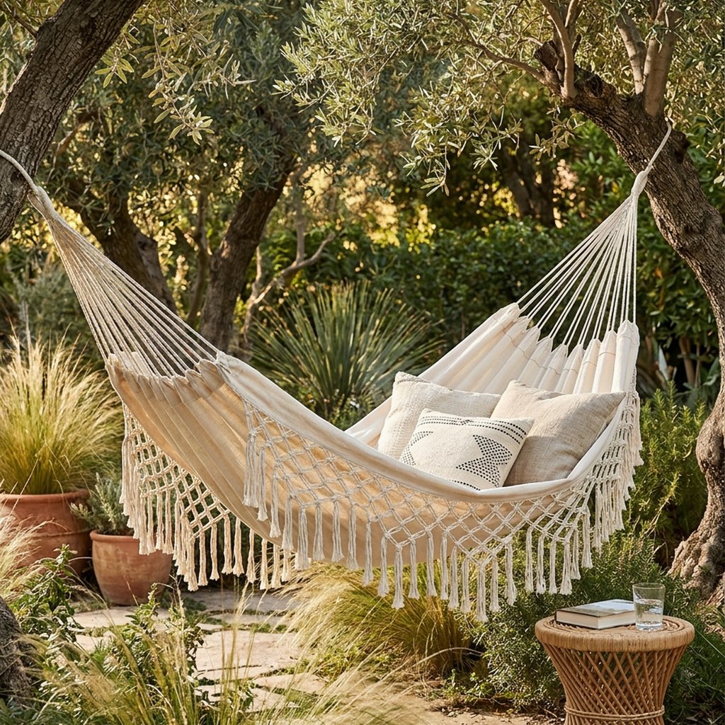 Cream fringe macrame hammock with three pillows hung between olive trees in a garden beside a rattan side table holding a book and a glass of water