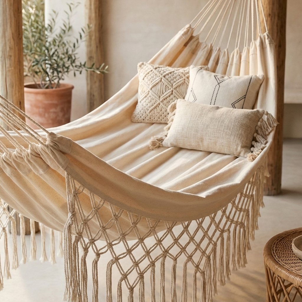 Close view of a cream fringe macrame hammock with three cushions tied to a rough wooden post, with a potted olive tree and a rattan side table behind