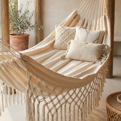 Close view of a cream fringe macrame hammock with three cushions tied to a rough wooden post, with a potted olive tree and a rattan side table behind