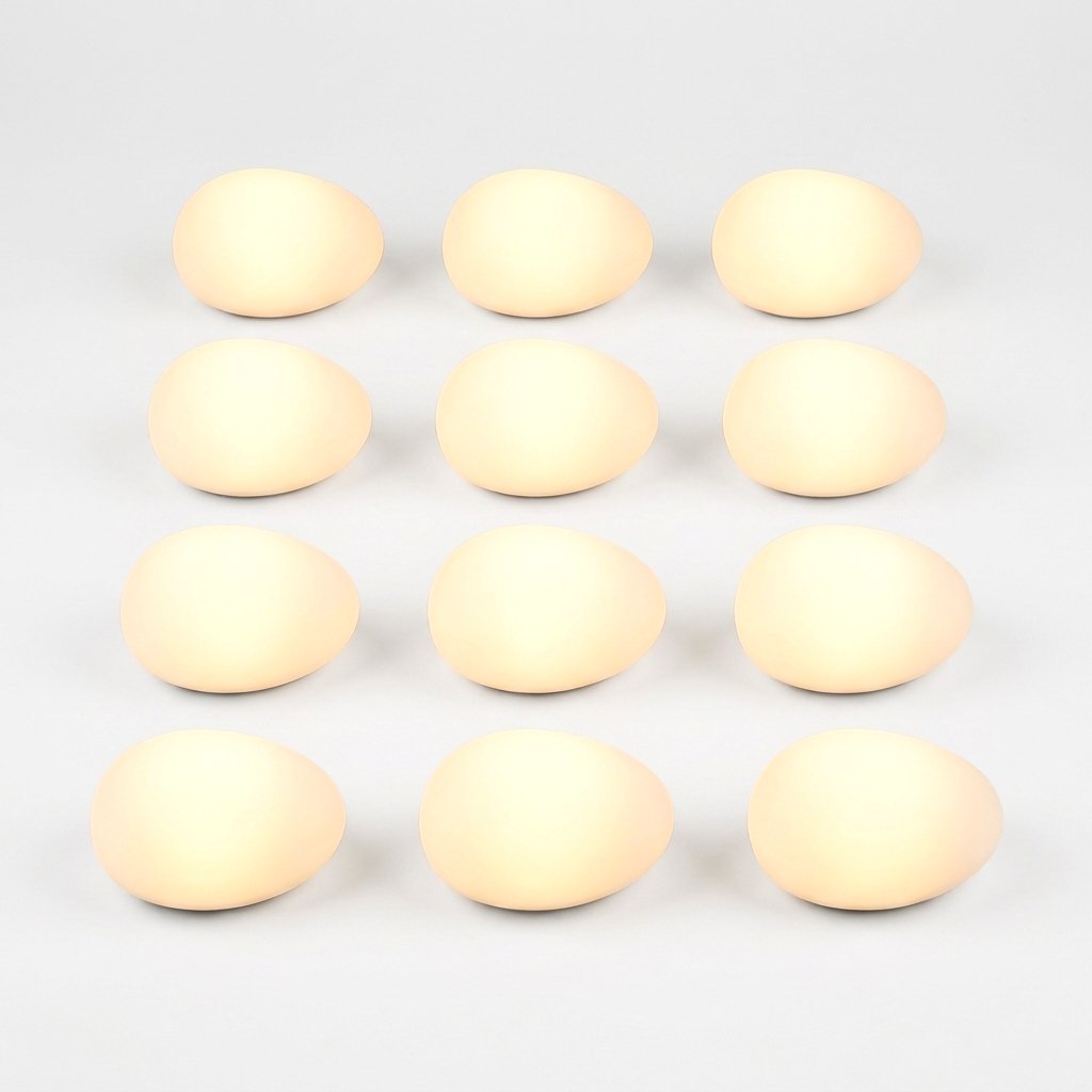 Twelve frosted solar glass pebble lights glowing warm yellow in a grid of three by four on a light background