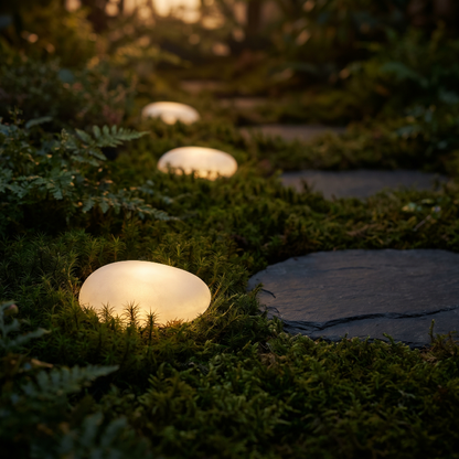 Frosted solar glass pebble lights glowing along garden path at dusk