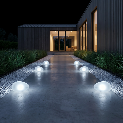 Frosted solar glass pebble lights lining modern outdoor pathway