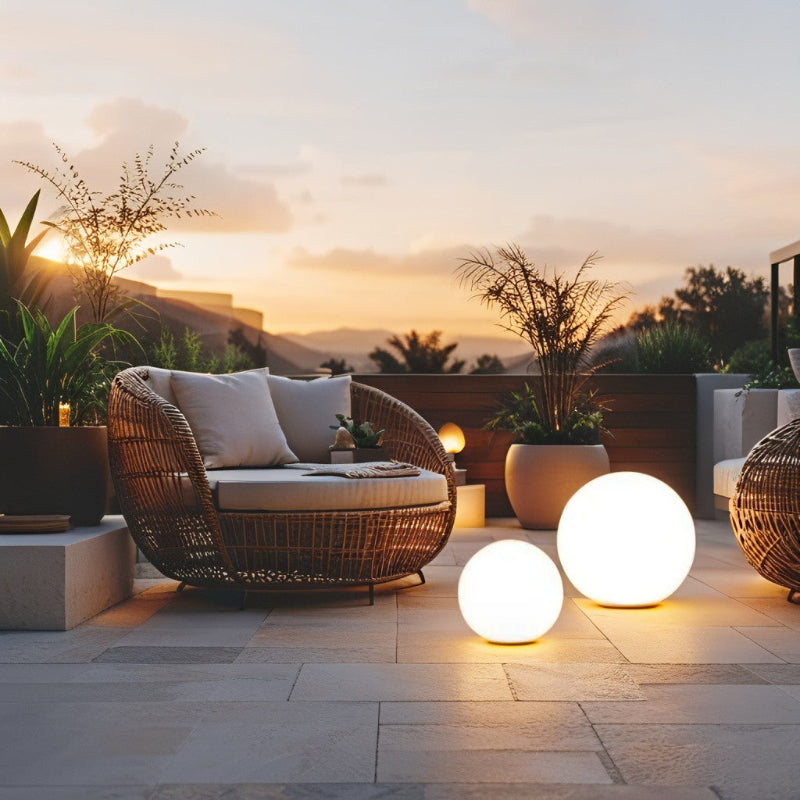 Outdoor patio with wicker furniture, spherical lights, and plants during sunset.