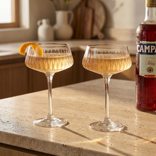 Garden coupe glasses with orange garnish on kitchen counter