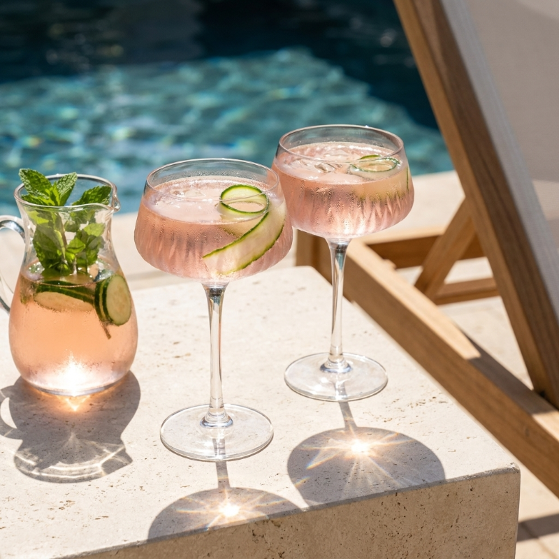 Garden coupe glasses on poolside table with cocktails
