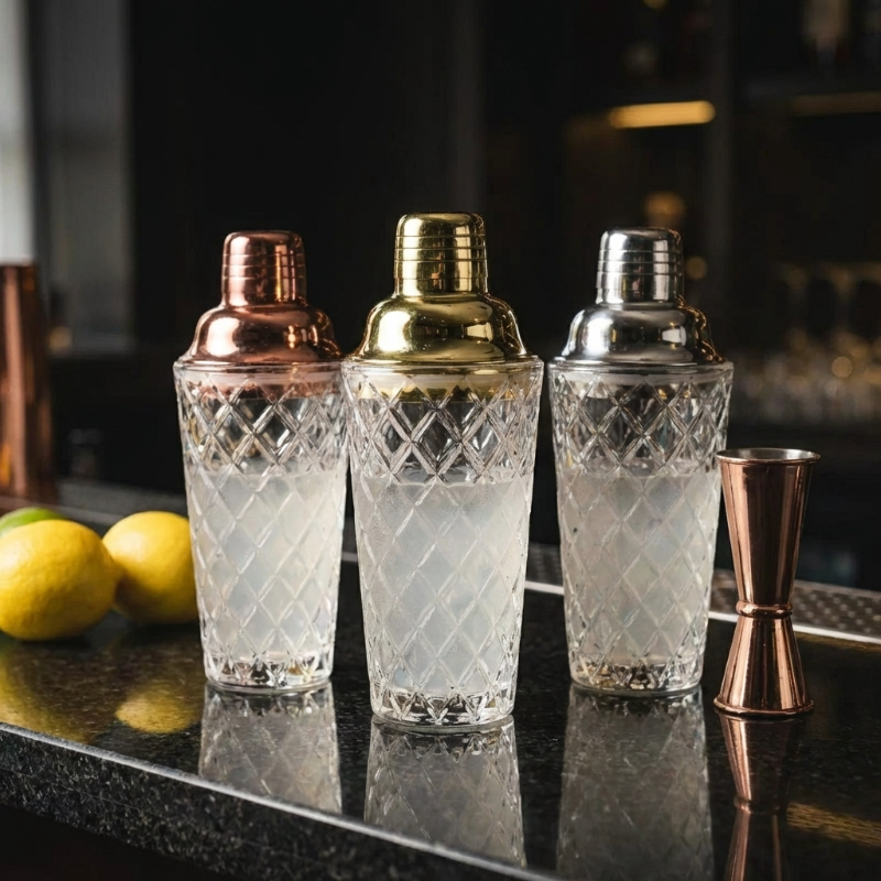 Glass cocktail shakers with copper, gold, and silver lids on dark counter