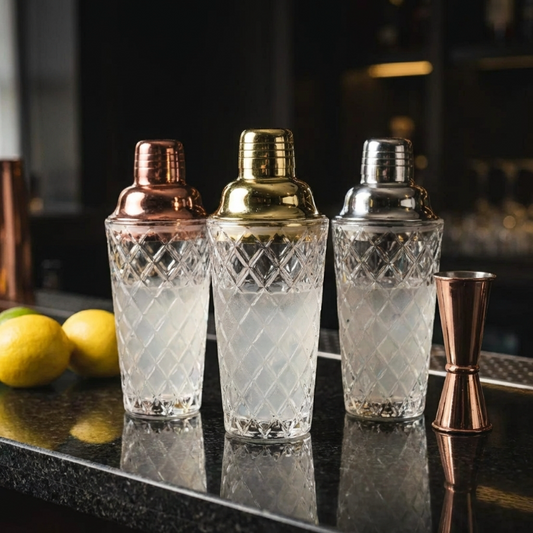 Glass cocktail shakers with copper, gold, and silver lids on dark counter