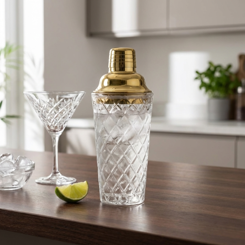 Glass cocktail shaker with gold lid on kitchen counter