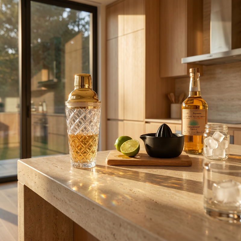 Glass cocktail shaker with gold lid on kitchen counter in warm sunlight