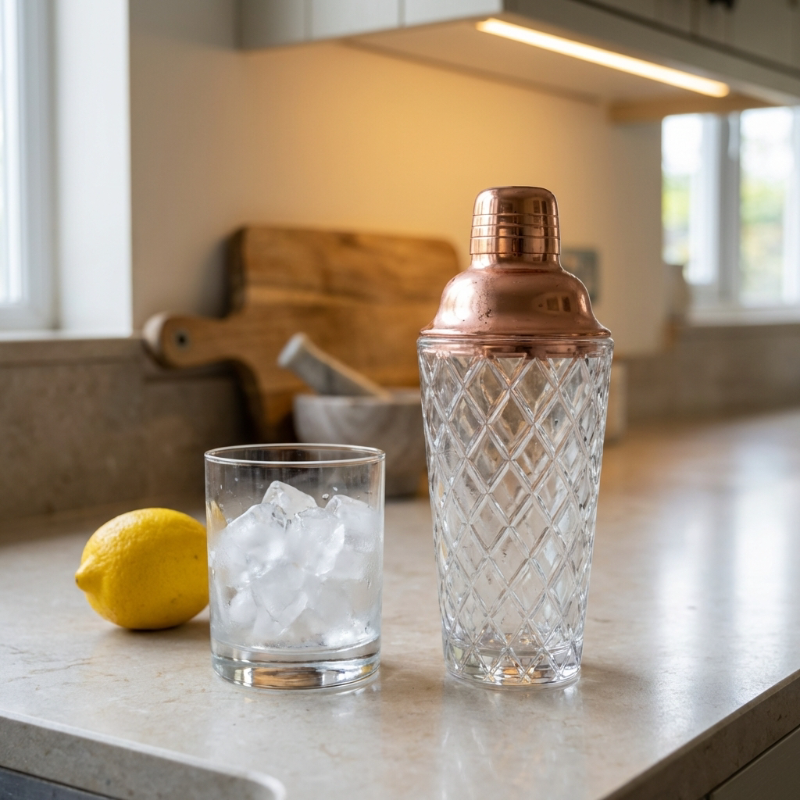 Glass cocktail shaker with copper lid beside lemons and jigger