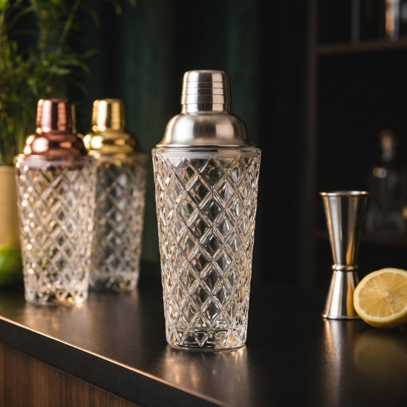 Glass cocktail shaker with copper lid beside lemons and jigger