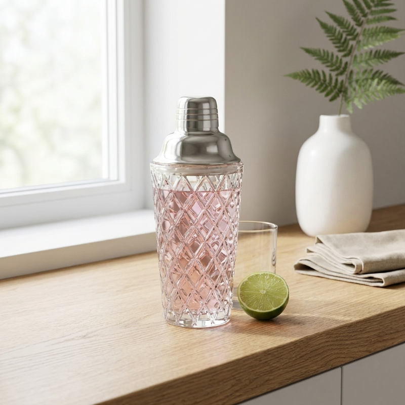 Glass cocktail shaker with copper lid on white counter beside lime