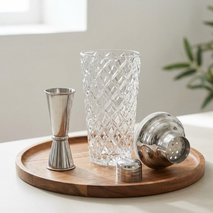 Glass cocktail shaker with jigger on round tray