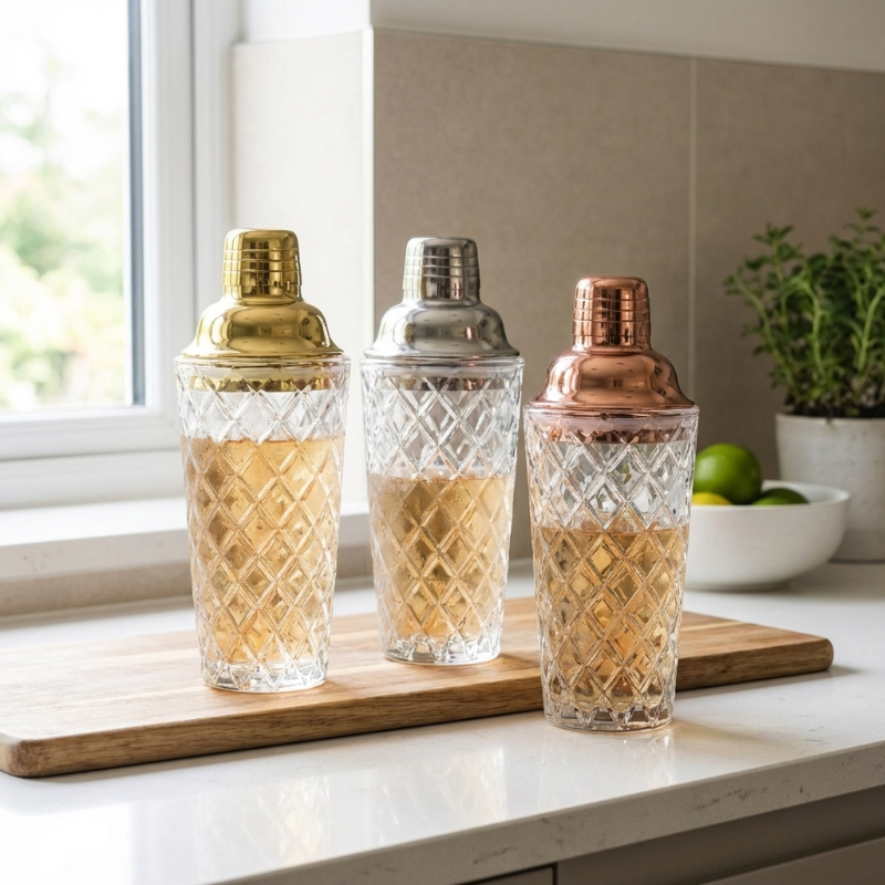 Glass cocktail shakers with copper, gold, and silver lids on kitchen counter