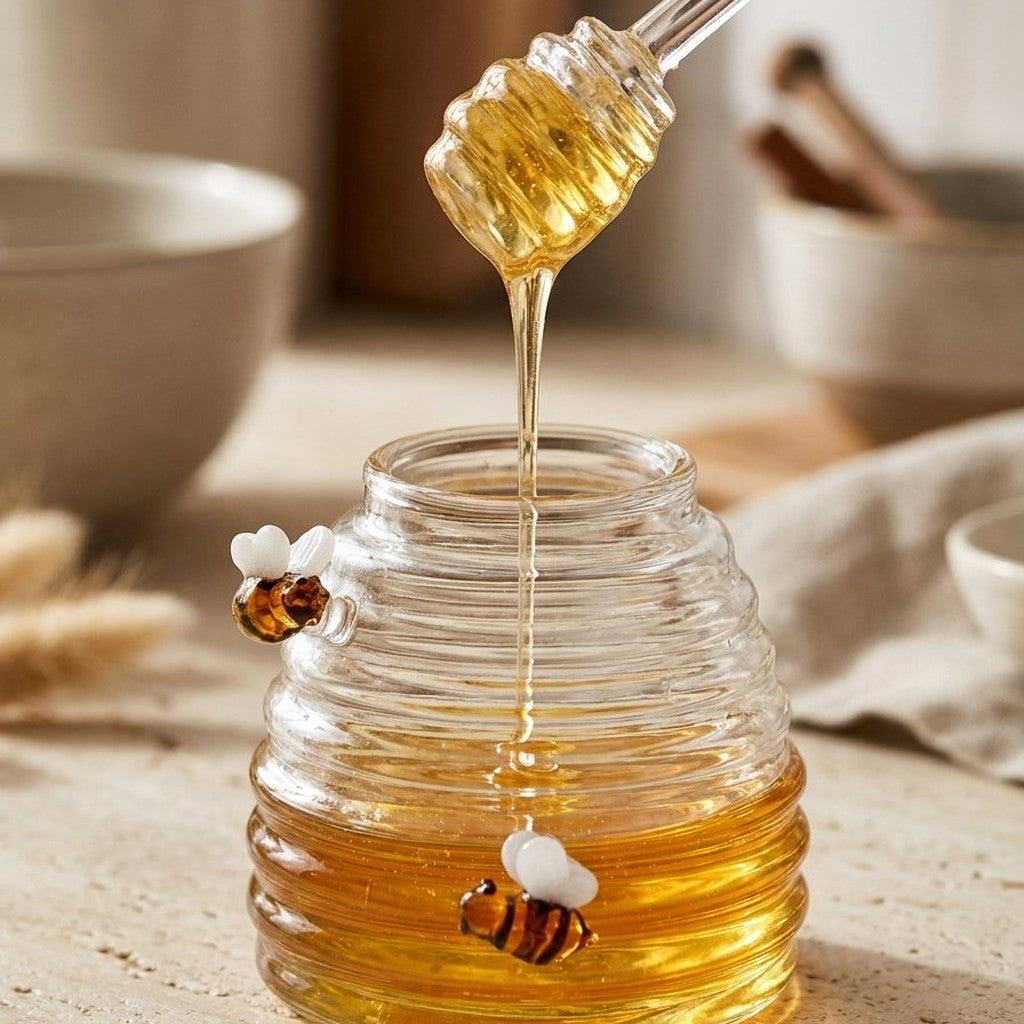 Close-up of honey drizzling off the dipper into the beehive-shaped glass jar