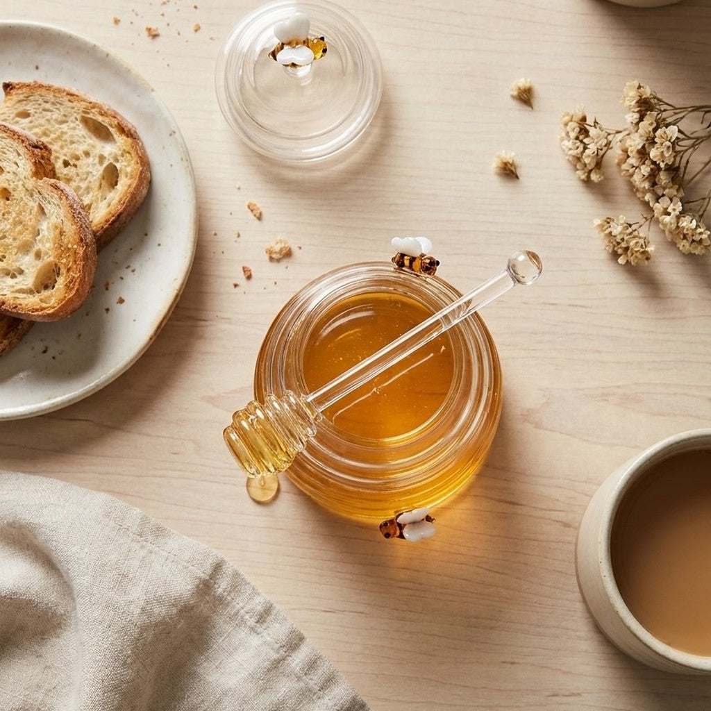 Overhead flat lay of the open glass honey jar with dipper beside toast and coffee