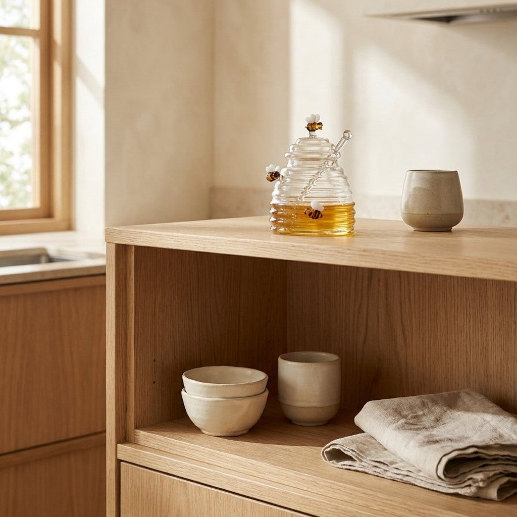 Beehive-shaped glass honey jar styled on a wood kitchen shelf beside ceramic bowls and a linen napkin