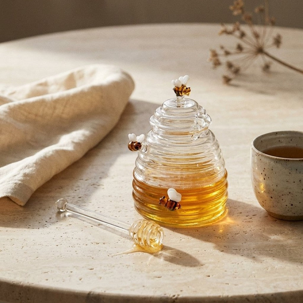 Beehive-shaped glass honey jar with bee accents and dipper on a side table beside a cup of tea