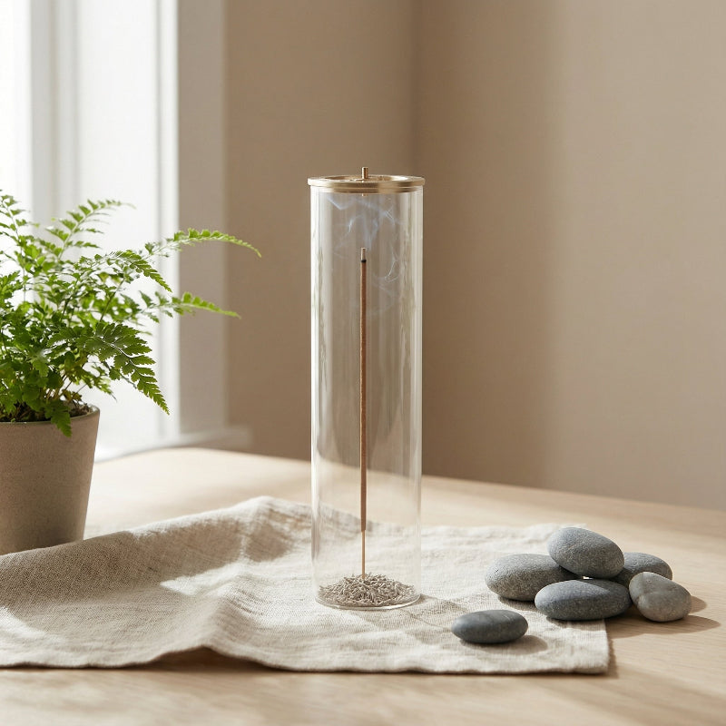 Clear cylindrical vase with a bronze candle holder on a textured surface with stones and a plant.