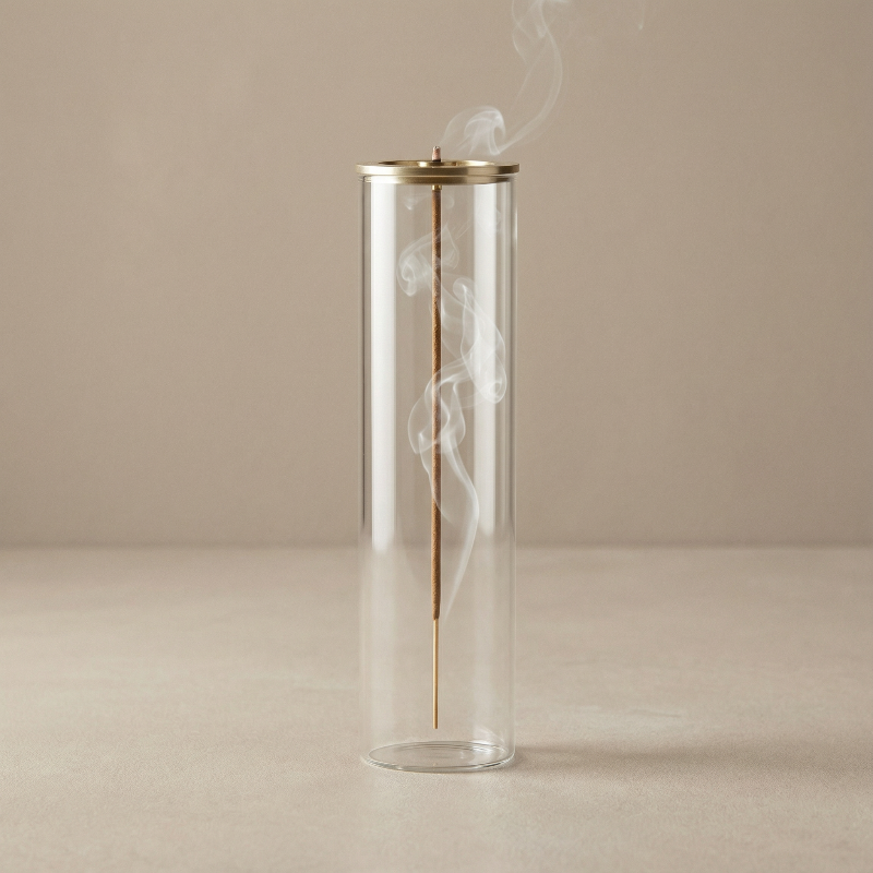 Glass container with a gold accent and smoke on a beige background