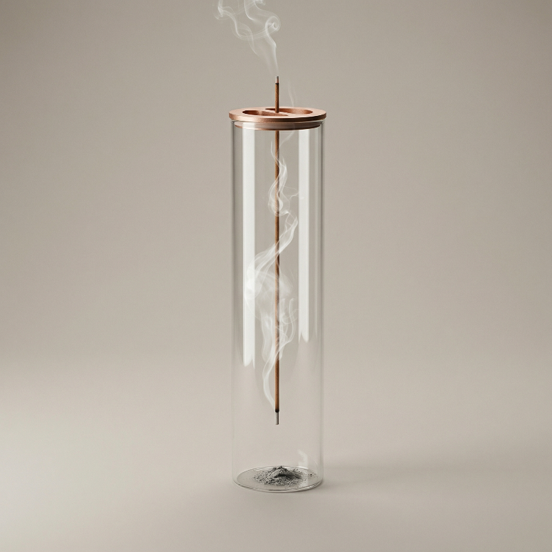 Candle in a glass container with a copper top on a beige background