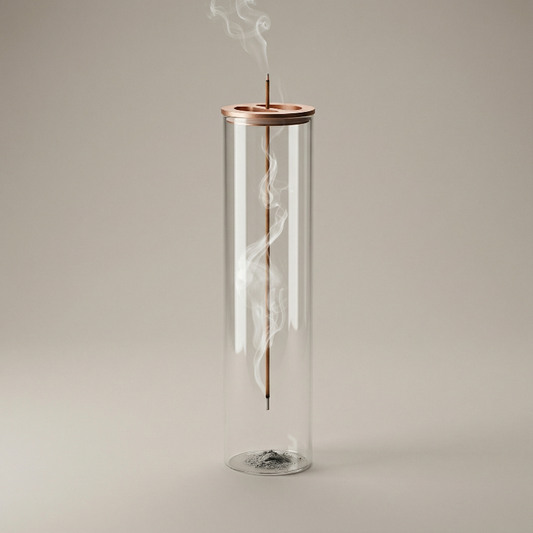 Candle in a glass container with a copper top on a beige background