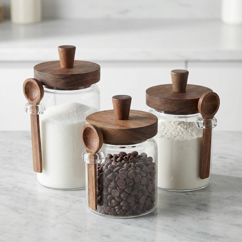 Airtight glass kitchen jars with wooden lids for pantry food storage.