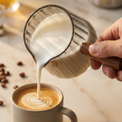 Glass milk frothing pitcher pouring milk into latte