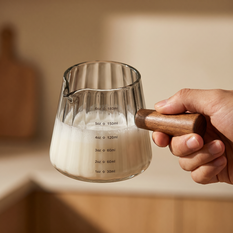 Glass milk frothing pitcher held by wooden handle in warm kitchen light