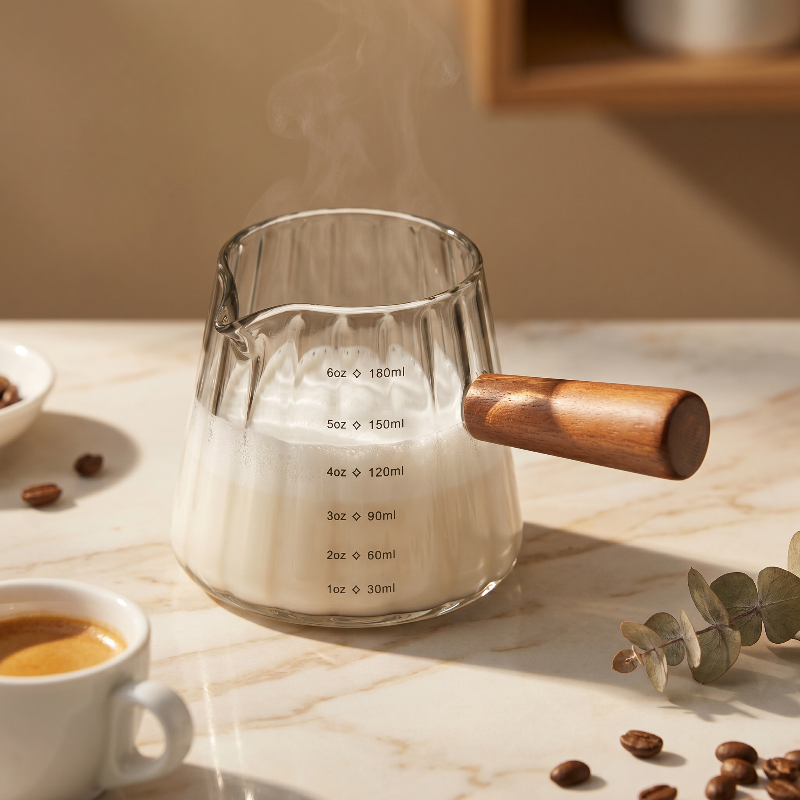 Glass milk frothing pitcher beside coffee beans in warm kitchen setting