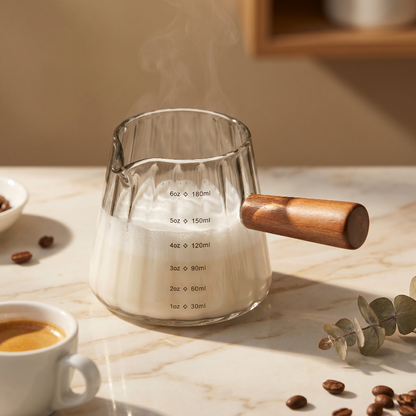 Glass milk frothing pitcher beside coffee beans in warm kitchen setting