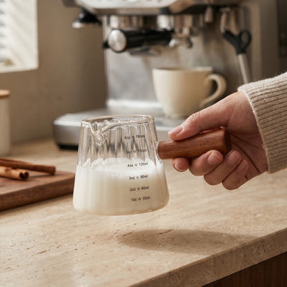 Glass milk frothing pitcher pouring steamed milk beside espresso machine